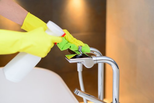 Cleaning staff applying safety checks before starting work