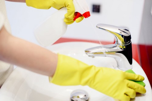 Cleaner handling products with care and following safe procedures
