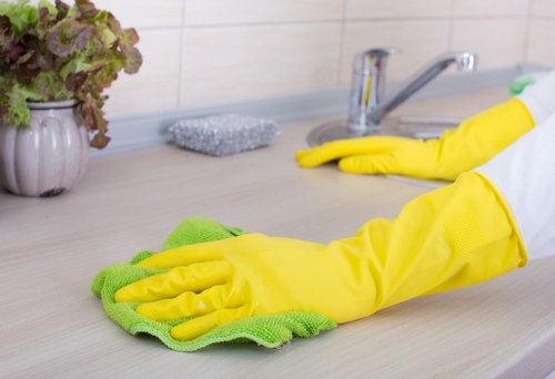 Cleaner working carefully in a modern interior during a service visit