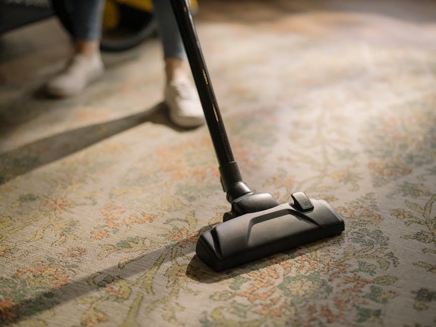 A person using a vacuum cleaner to deep clean a patterned oriental-style carpet in a room lit by natural light. The vacuum's flat head attachment is pressed evenly against the plush, multicolored fibe